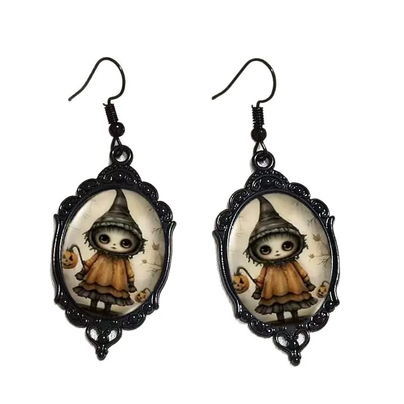 Vintage Black Cat & Pumpkin Glass Dangle Earrings – Halloween Cute Drop Earrings, Retro Healing Style Accessory for Women & Girls